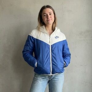 Nike Windrunner Down Fill‎ Hooded Jacket Womens Small White Blue Reversible